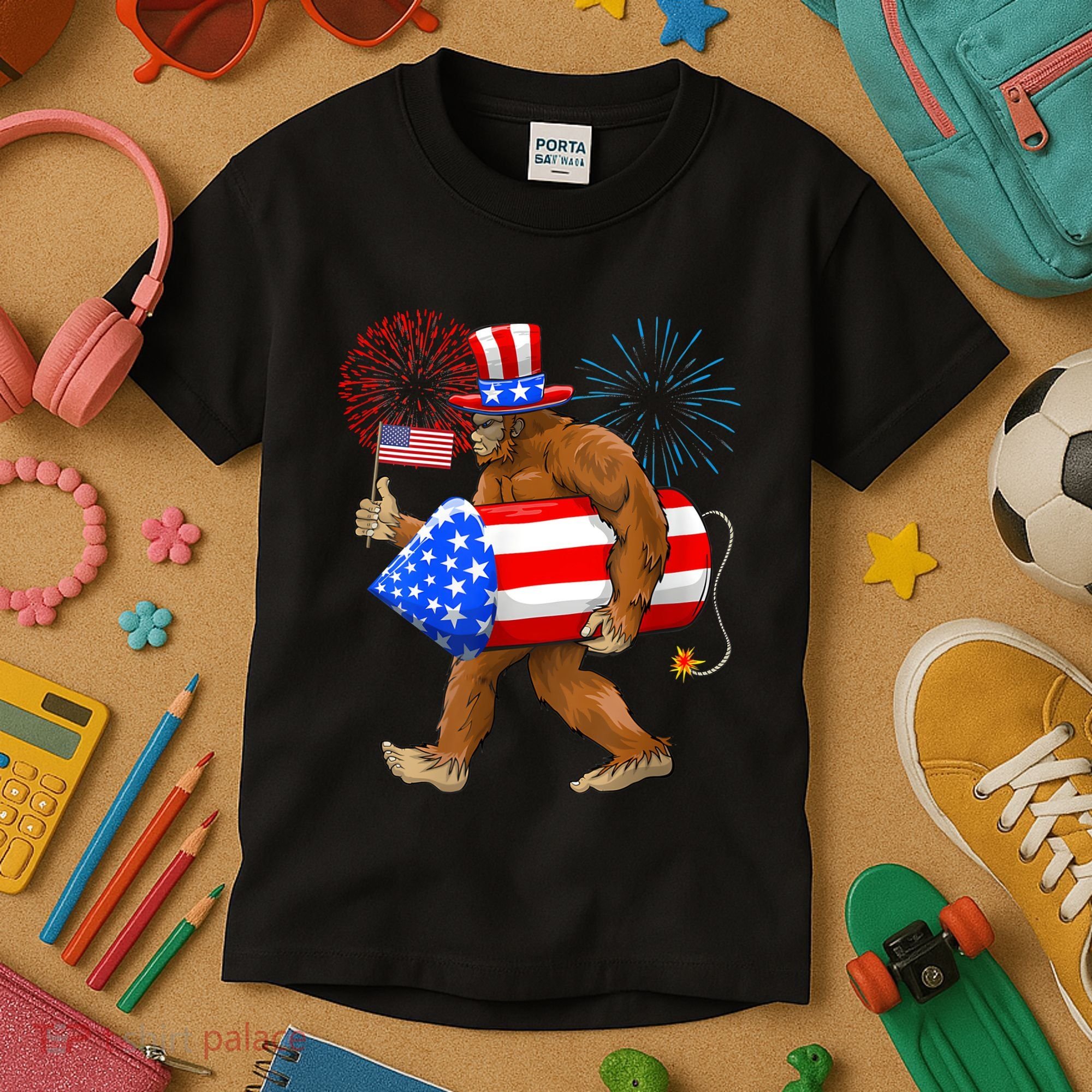 4th Of July Bigfoot American Flag Fireworks Sasquatch Kids T-Shirt