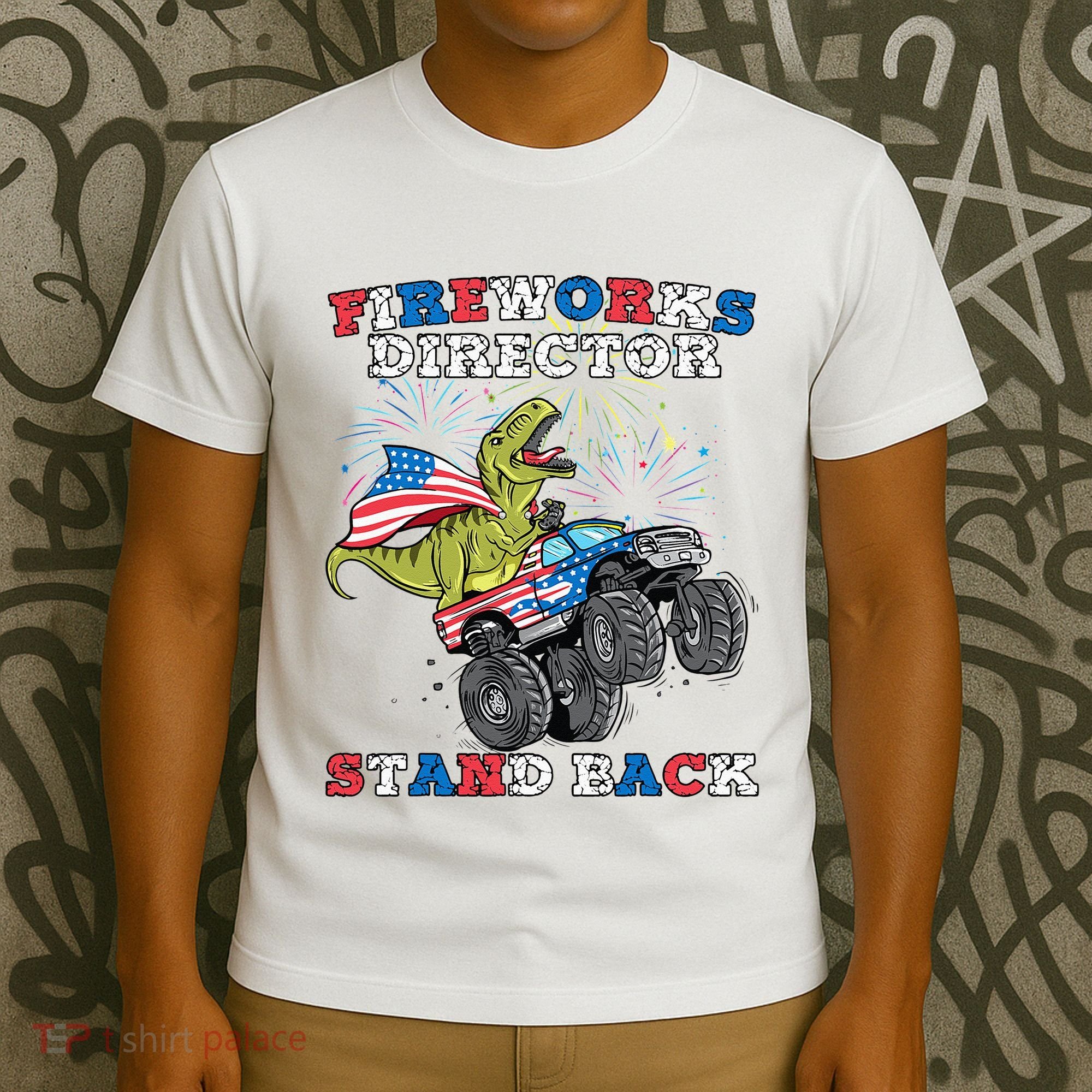 4th of July Fireworks Director T Rex Monster Truck T-Shirt