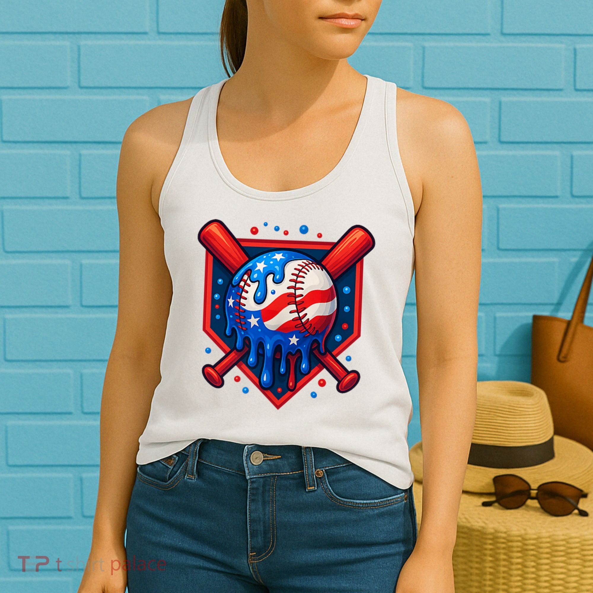 4th Of July Baseball  - USA Flag Ice Cream Drip  - Patriotic Summer Gift Women's Tank Top
