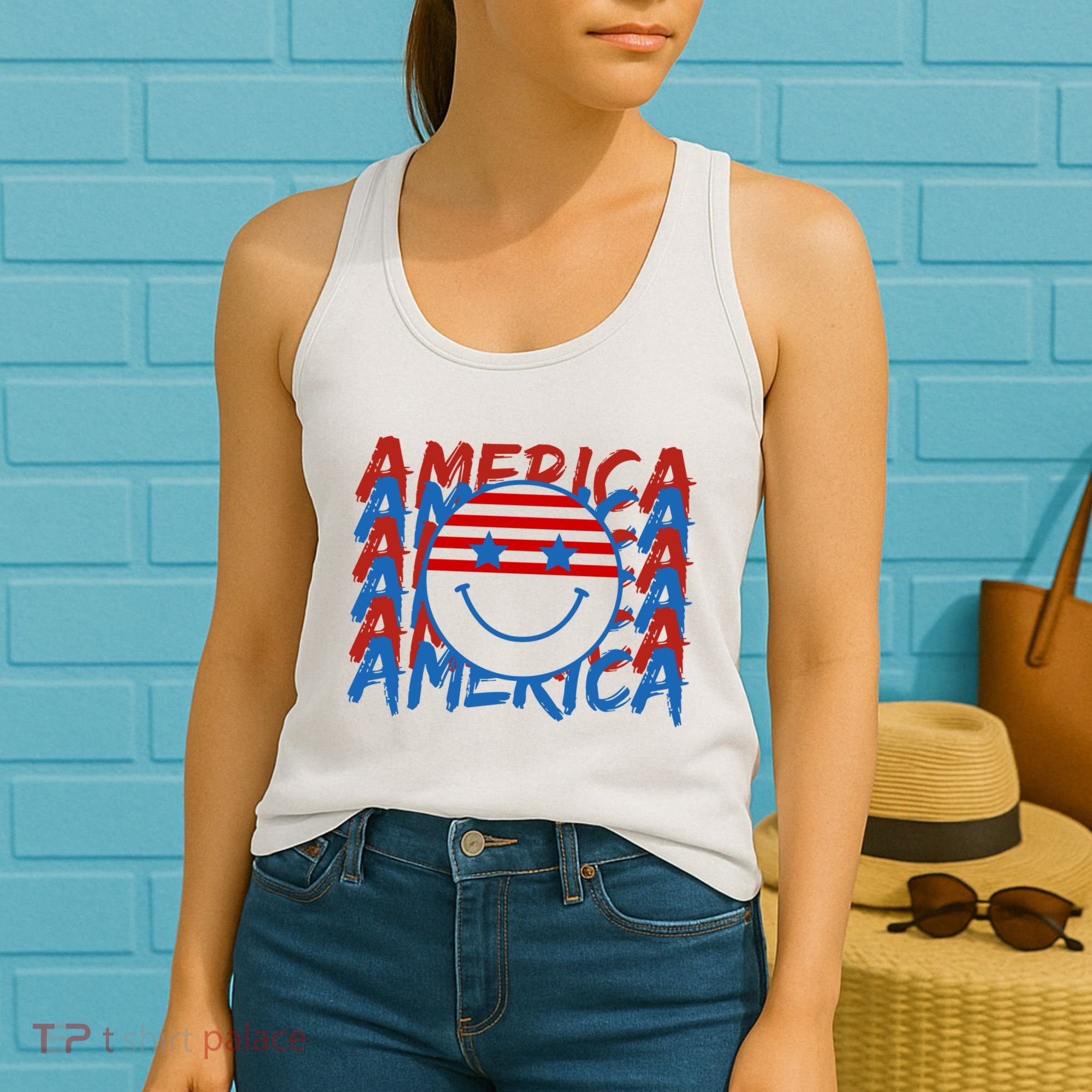 4th Of July Festive Holiday Smiley Face Women's Tank Top