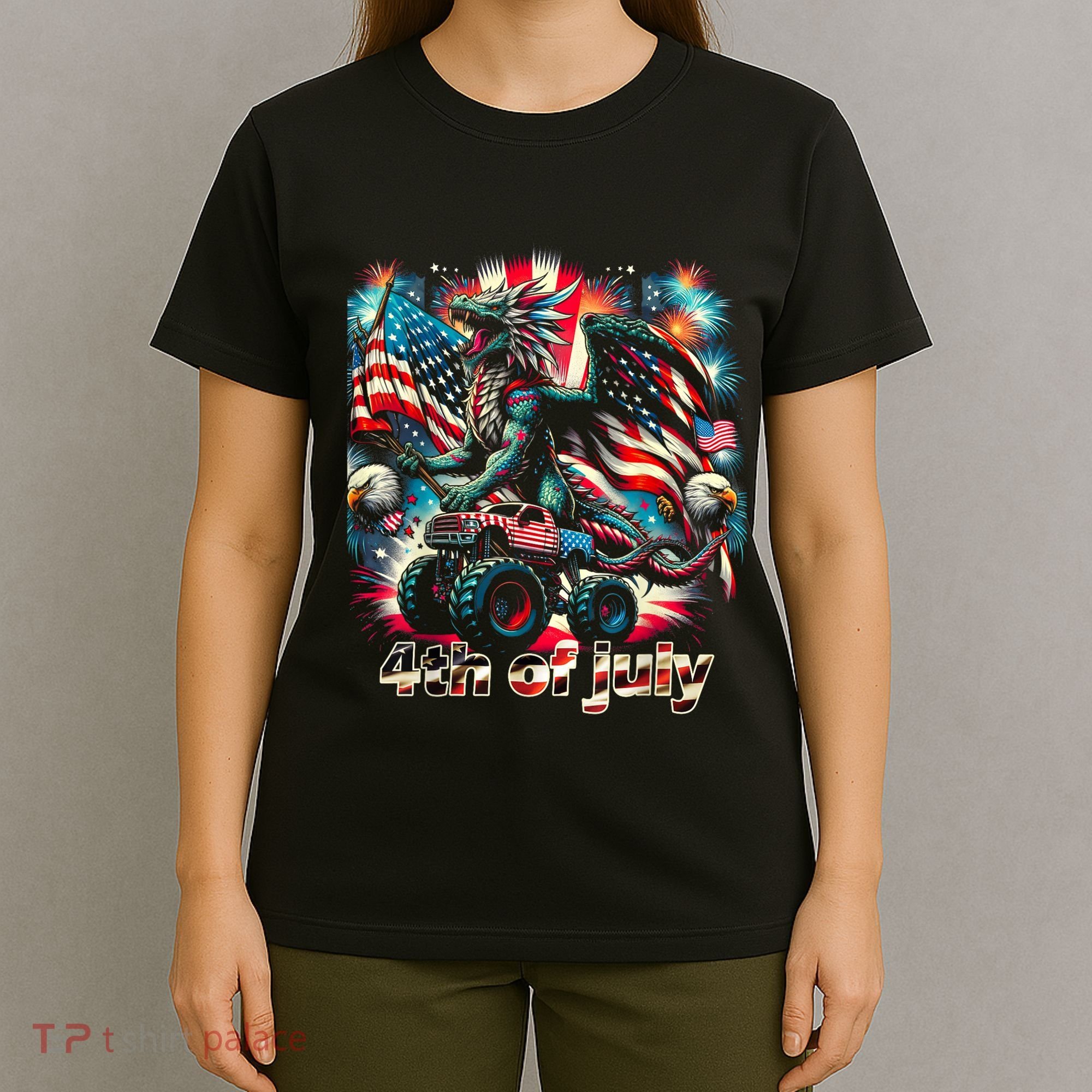 4th Of July Dragon Monster Truck Bald Eagle American Flag T-Shirt