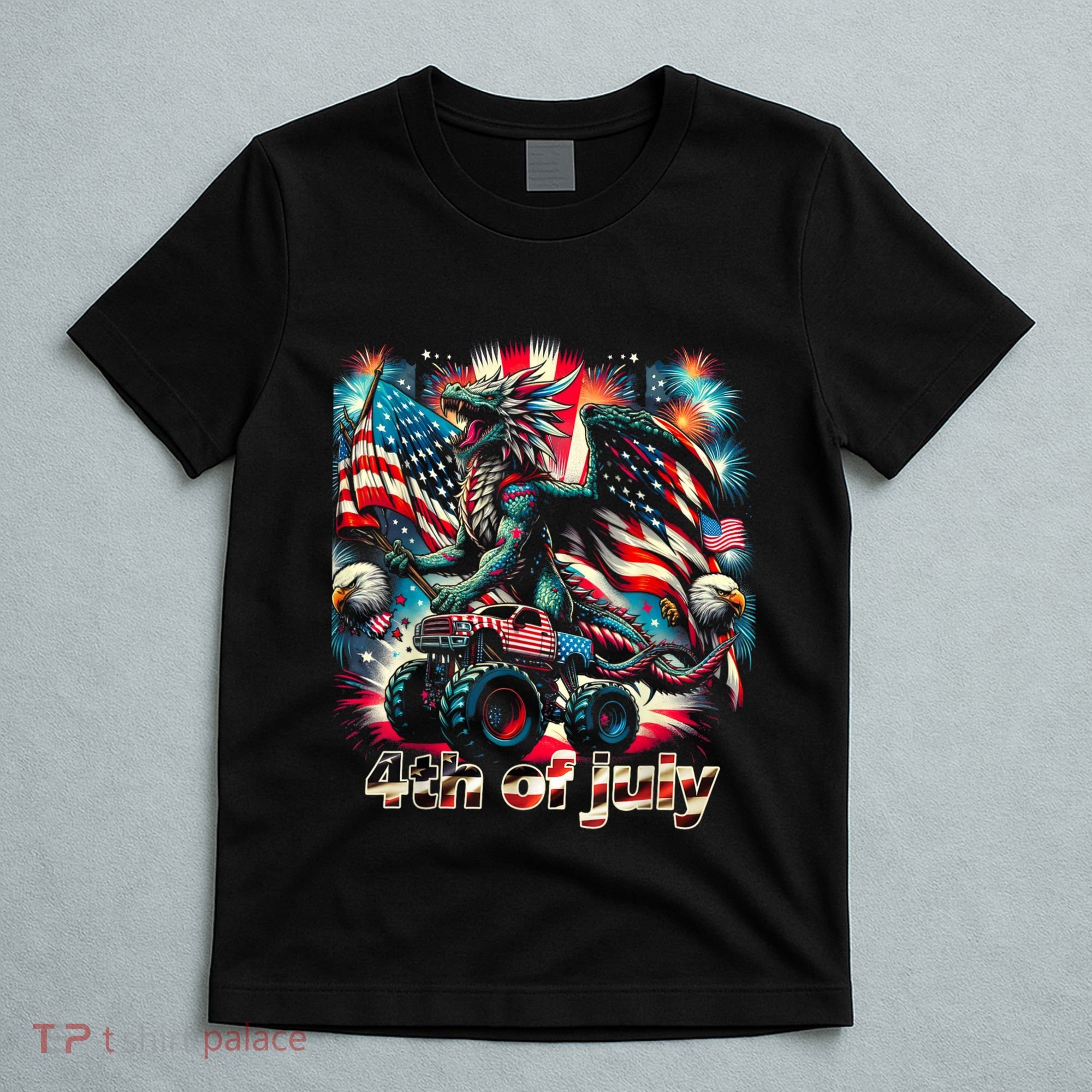 4th Of July Dragon Monster Truck Bald Eagle American Flag T-Shirt