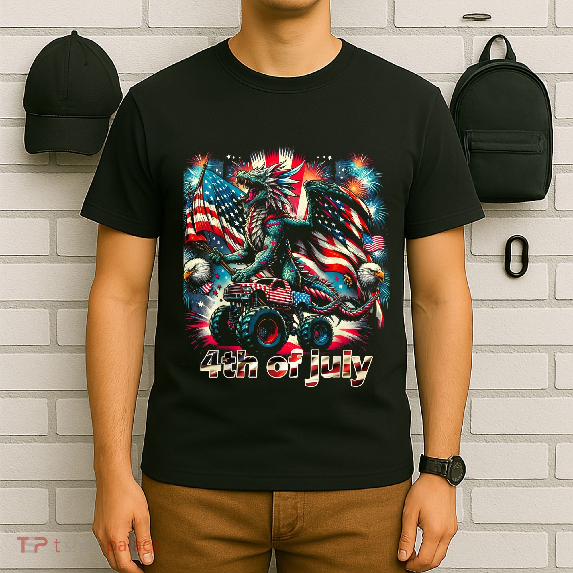 4th Of July Dragon Monster Truck Bald Eagle American Flag T-Shirt