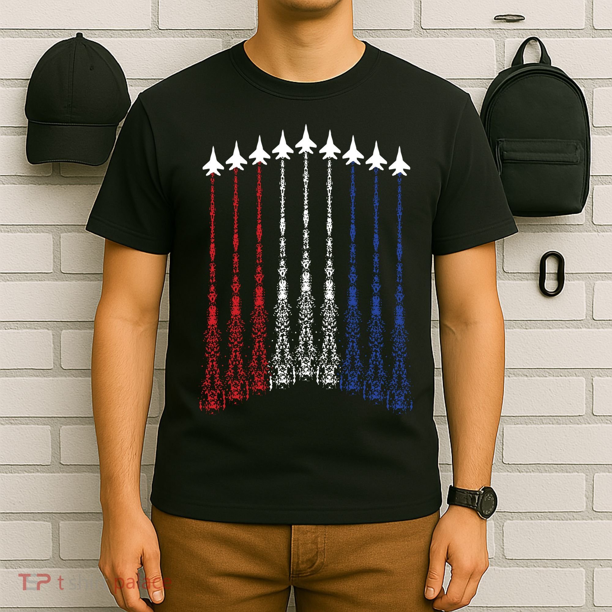 4th Of July Fighter Jet Airplane Red White Blue In The Sky T-Shirt