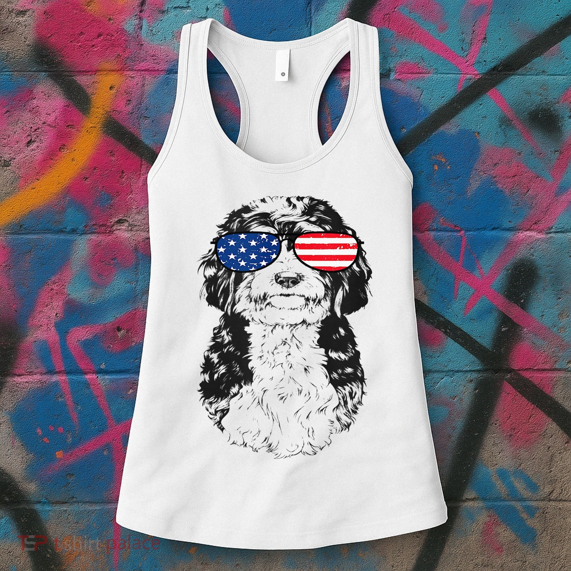 4th Of July Bernedoodle Doodle Dog Patriotic USA Sunglasses Women's Tank Top