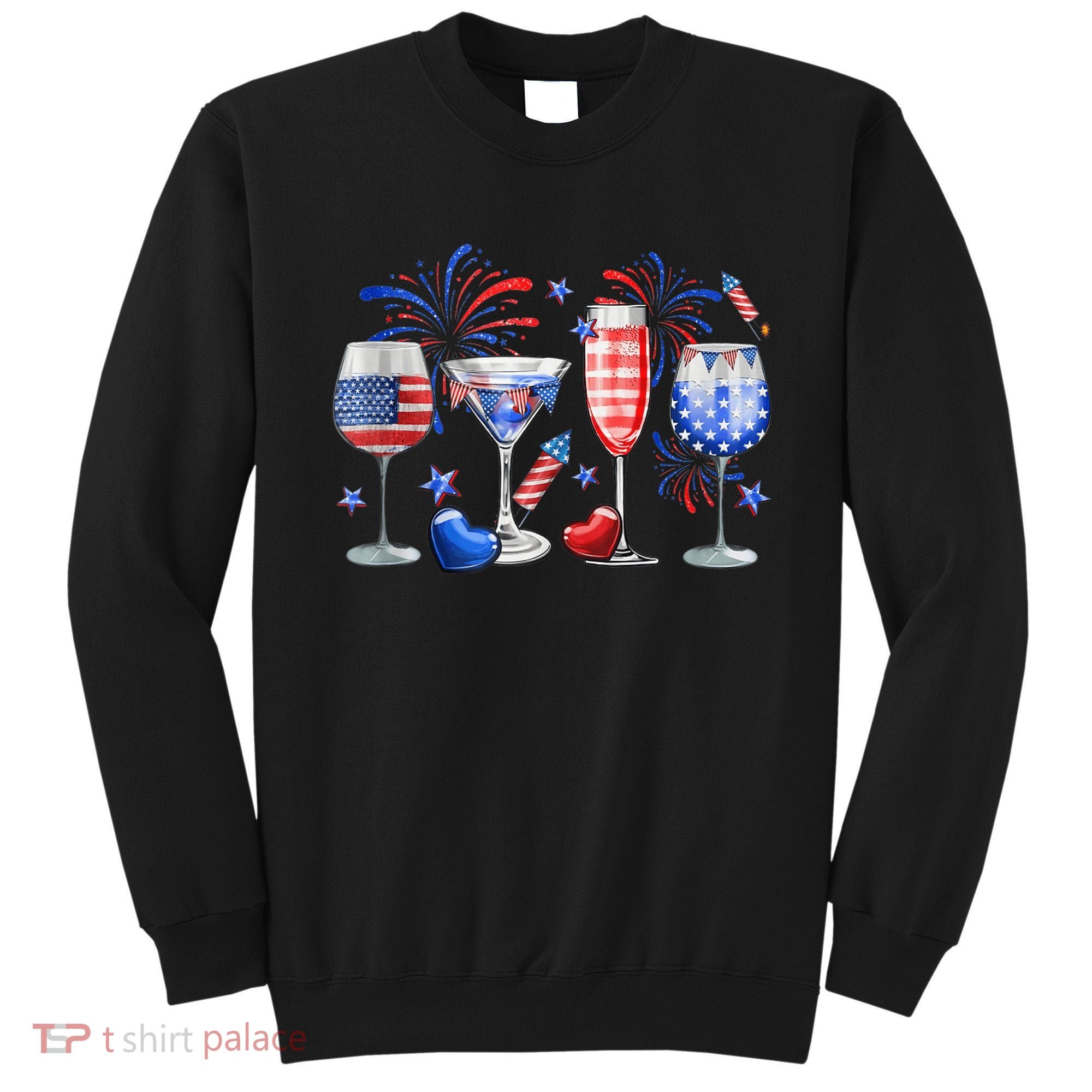4th Of July Wine Glasses Independence Day American Flag  Sweatshirt