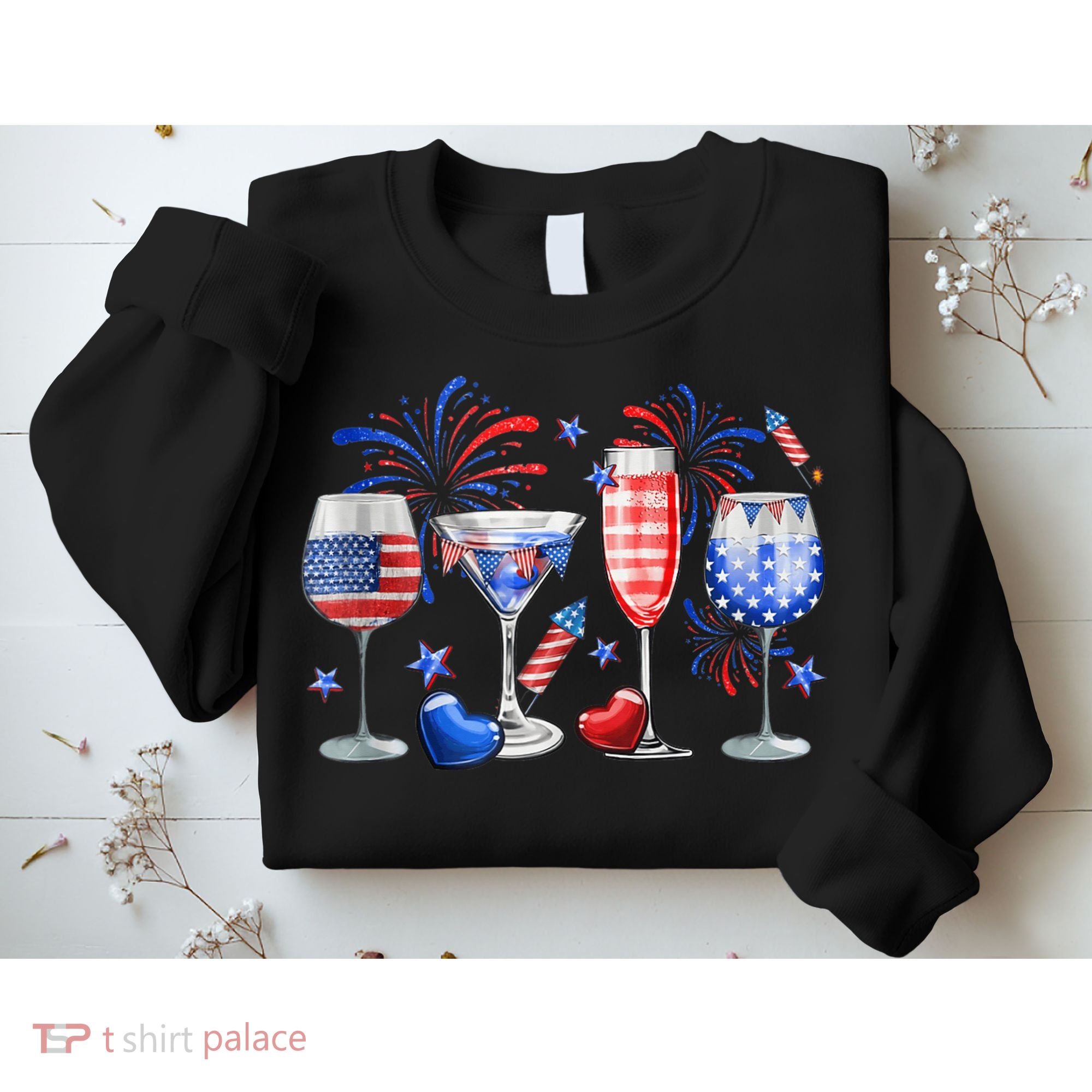 4th Of July Wine Glasses Independence Day American Flag  Sweatshirt
