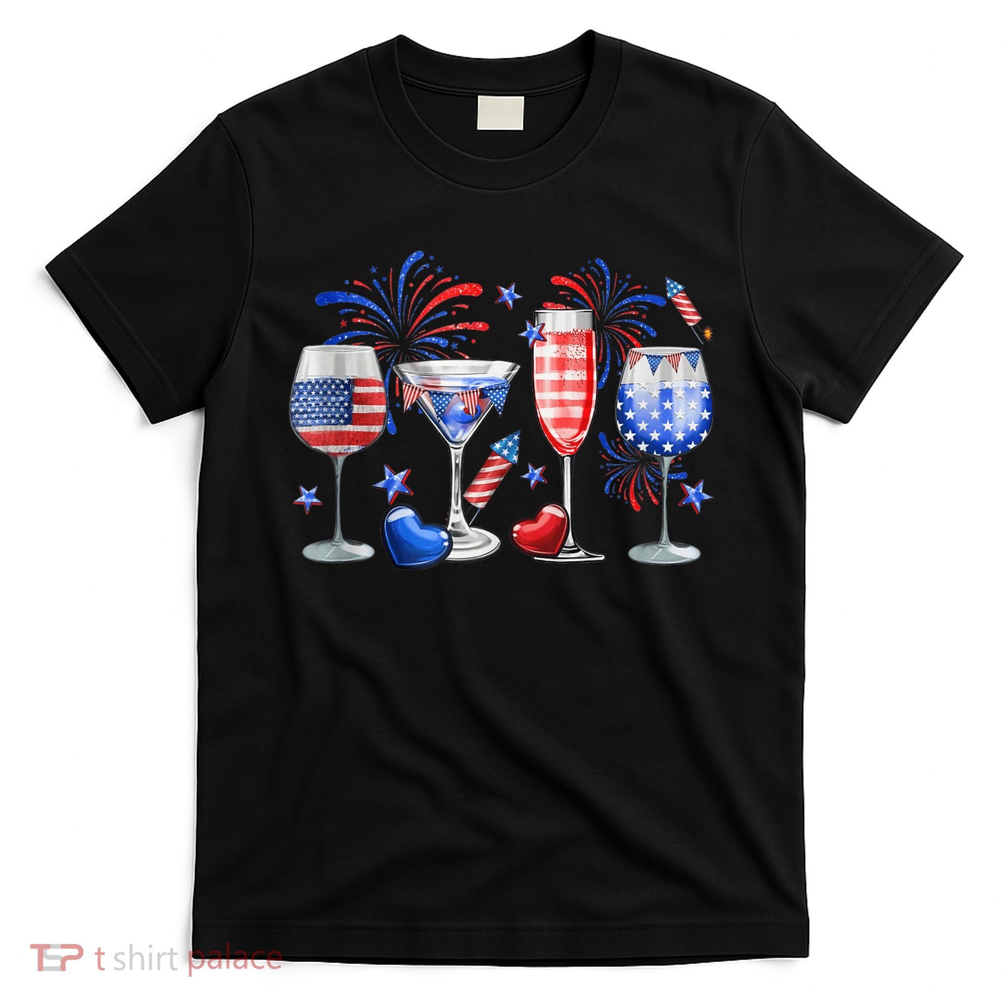 4th Of July Wine Glasses Independence Day American Flag  T-Shirt