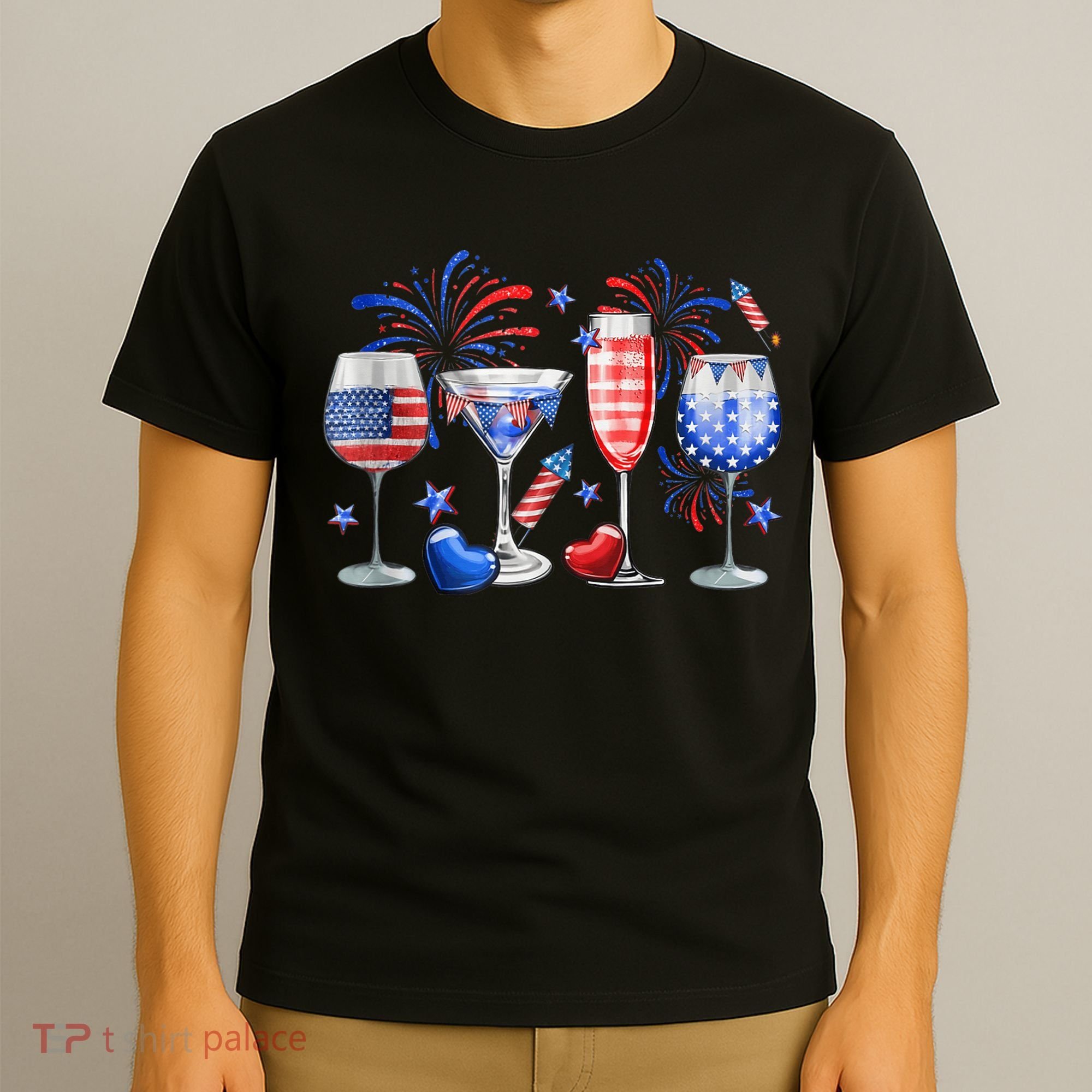 4th Of July Wine Glasses Independence Day American Flag  T-Shirt