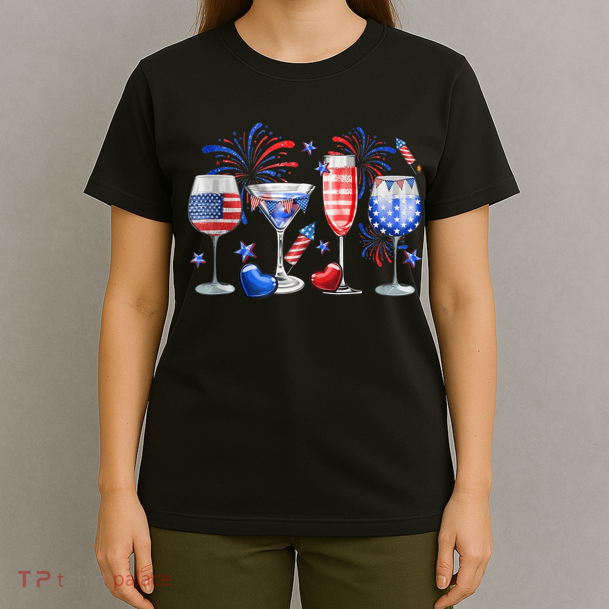 4th Of July Wine Glasses Independence Day American Flag  T-Shirt
