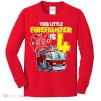 4th Birthday This Little Firefighter Is Four Kids Long Sleeve Shirt thumb 0