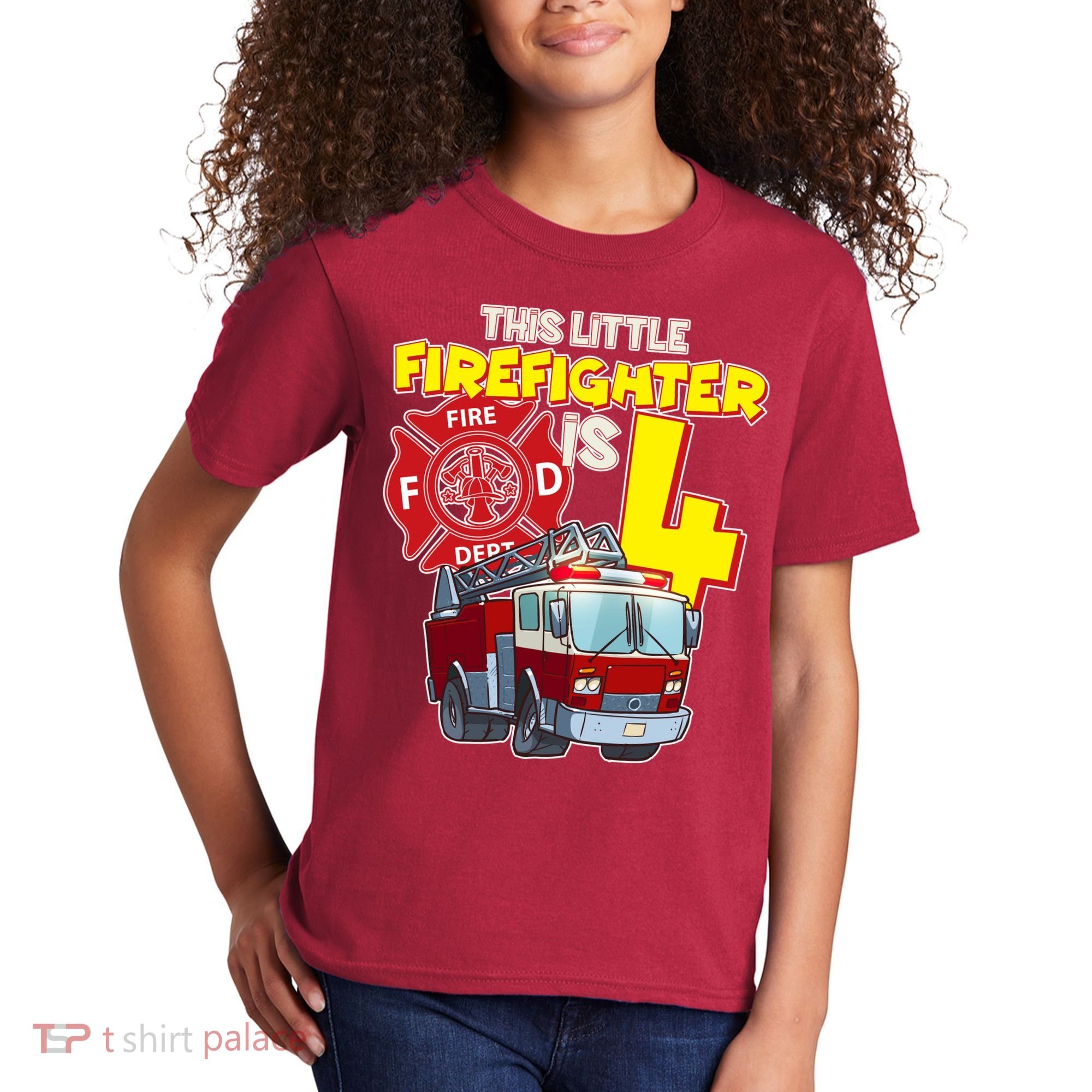 4th Birthday This Little Firefighter Is Four Kids T-Shirt