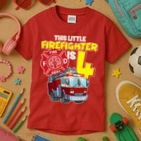 4th Birthday This Little Firefighter Is Four Kids T-Shirt thumb 3
