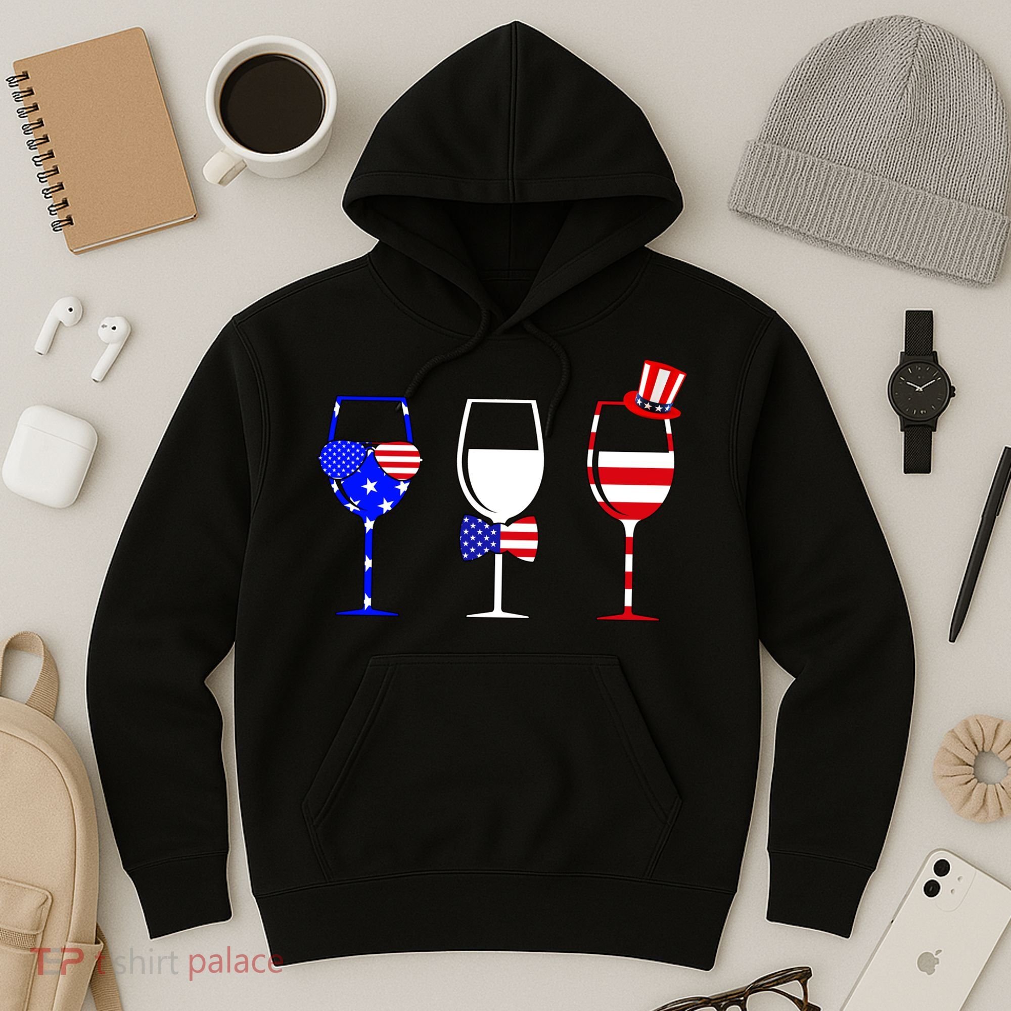 4th Of July Red White Blue Wine USA Glasses Hoodie