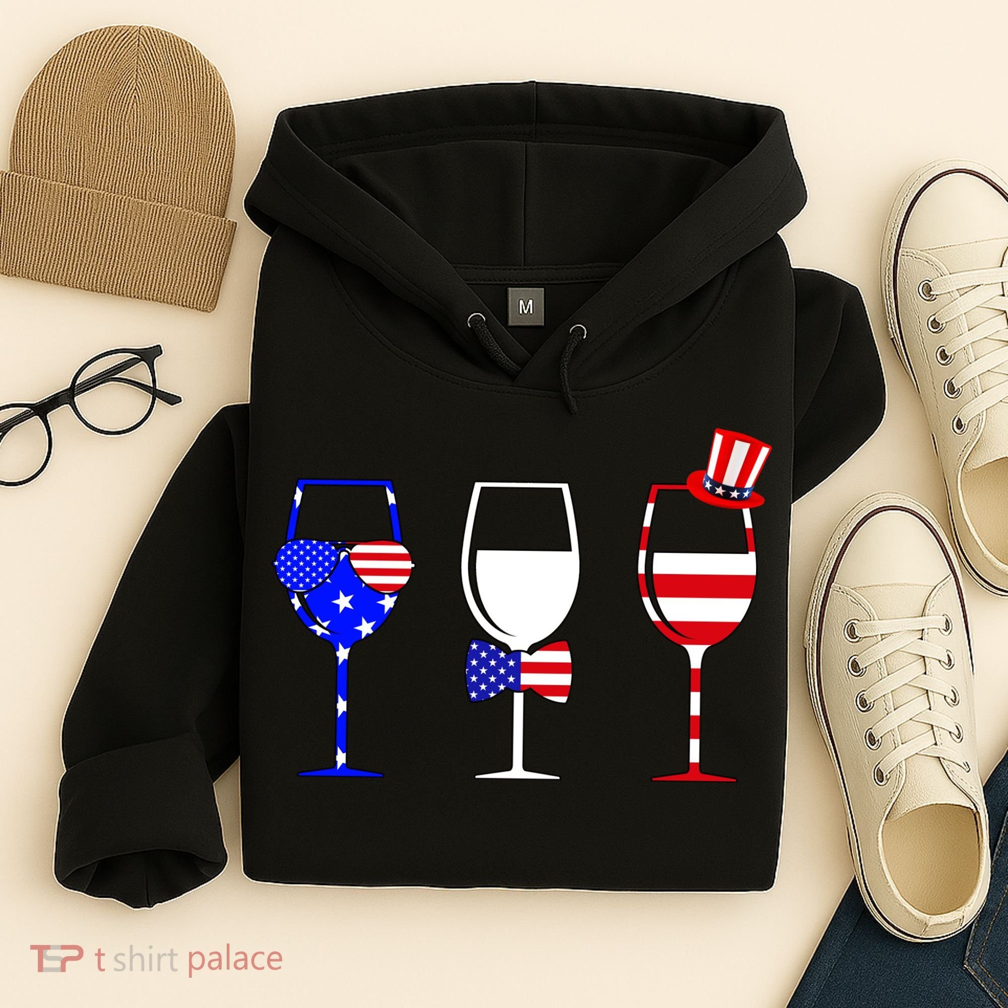 4th Of July Red White Blue Wine USA Glasses Hoodie