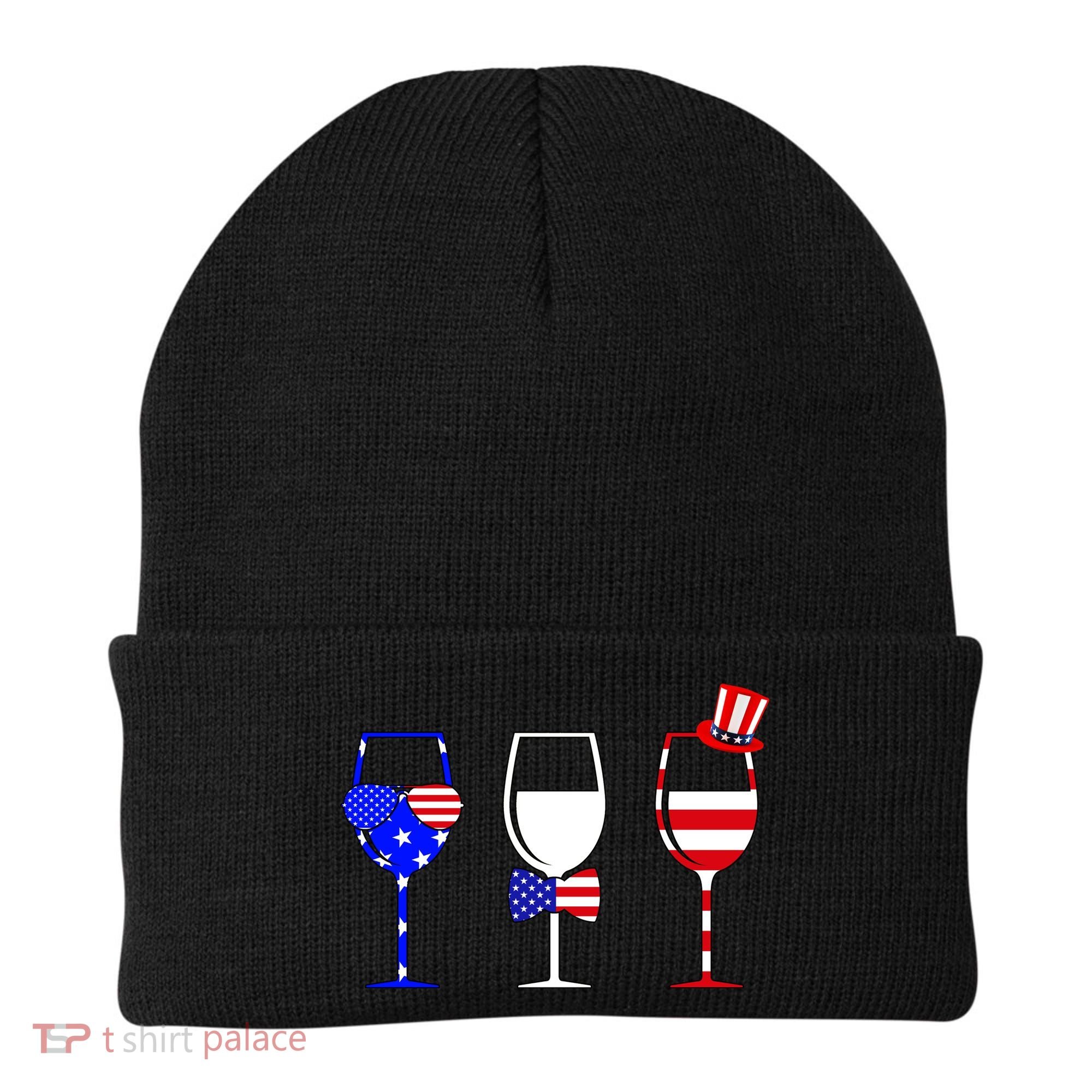 4th Of July Red White Blue Wine USA Glasses Beanie