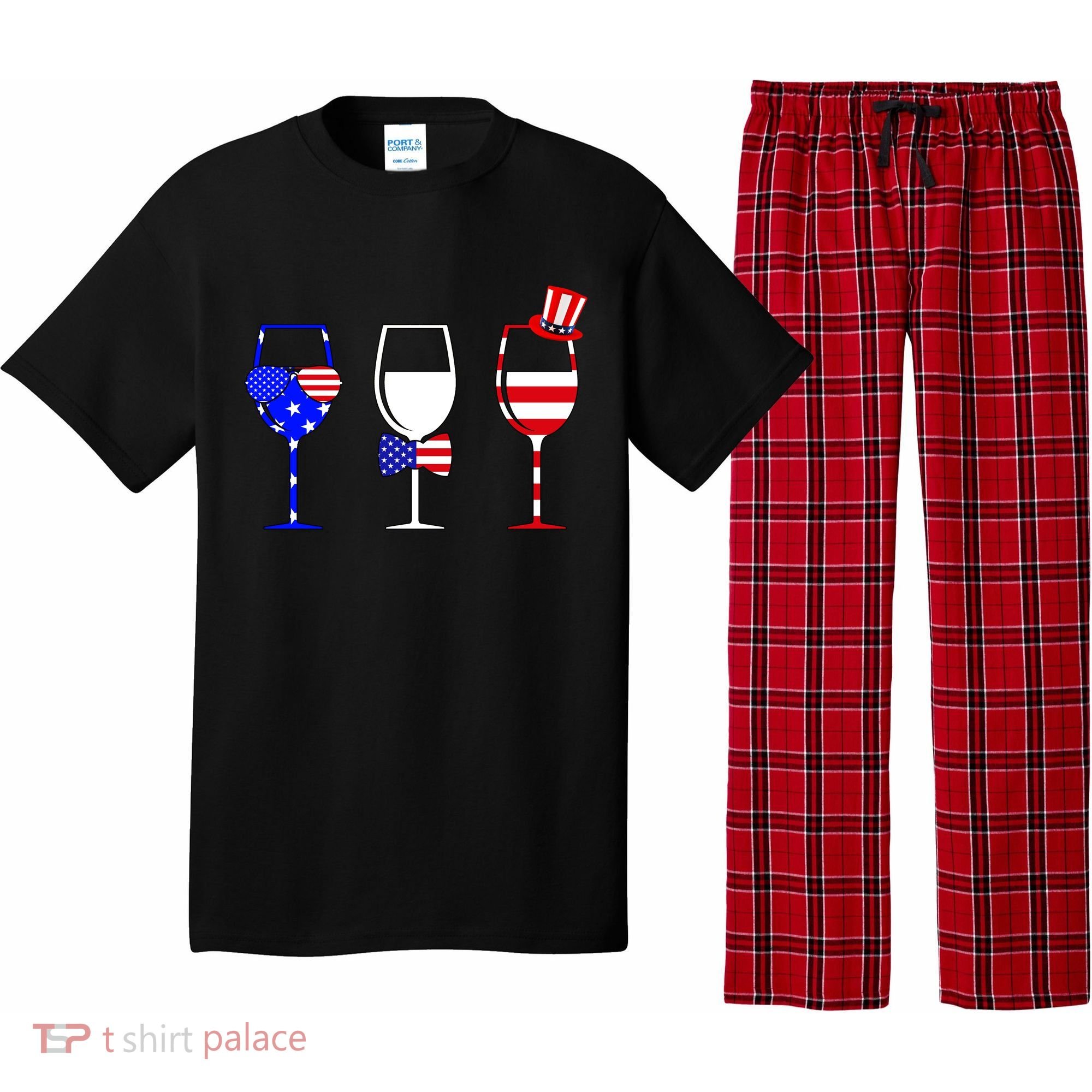 4th Of July Red White Blue Wine USA Glasses Pajama Set