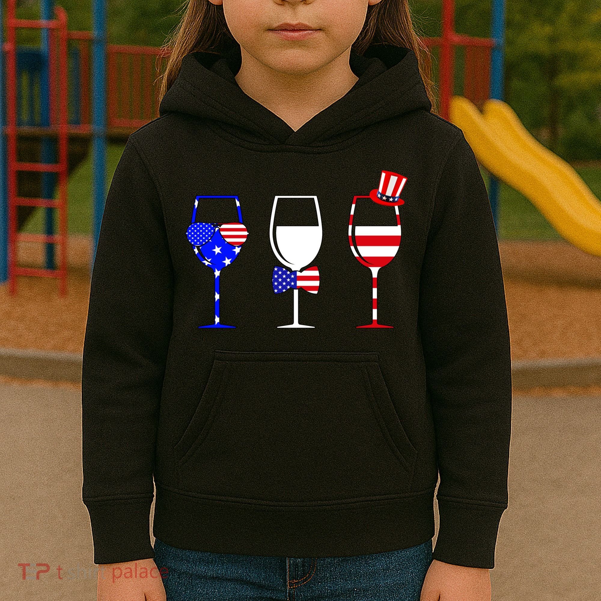 4th Of July Red White Blue Wine USA Glasses Kids Hoodie