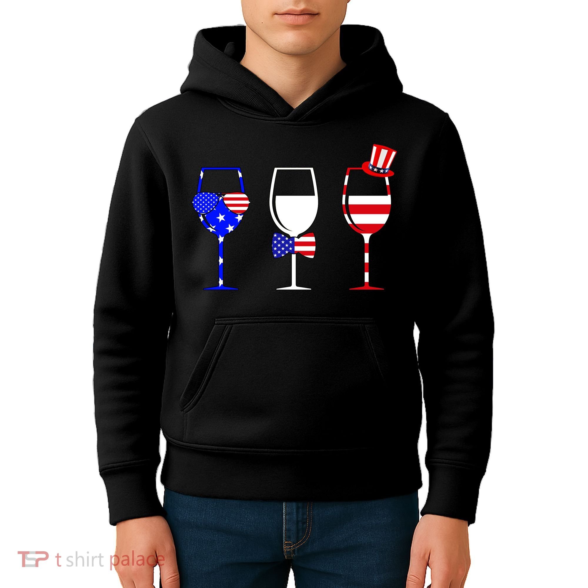 4th Of July Red White Blue Wine USA Glasses Kids Hoodie
