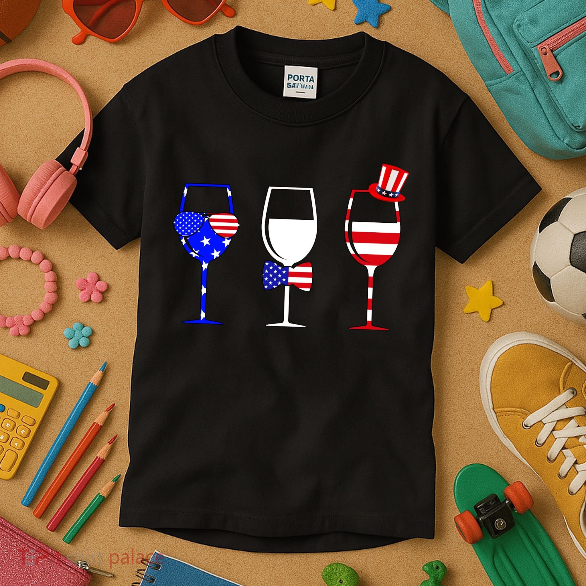 4th Of July Red White Blue Wine USA Glasses Kids T-Shirt