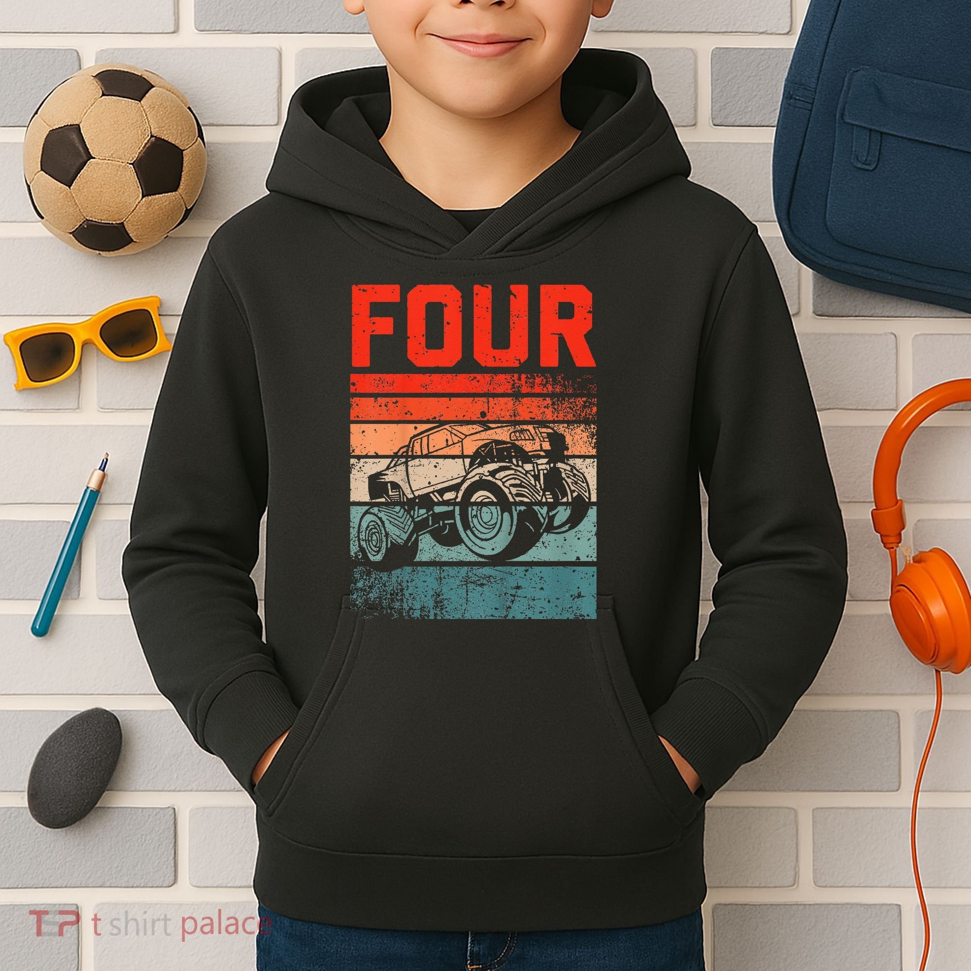 4 Year Old 4th Birthday Monster Truck Kids Hoodie