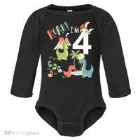 4 Year Old Roar Im 4 4th Birthday Boy T Rex Dinosaur Baby Long Sleeve Bodysuit thumb 0