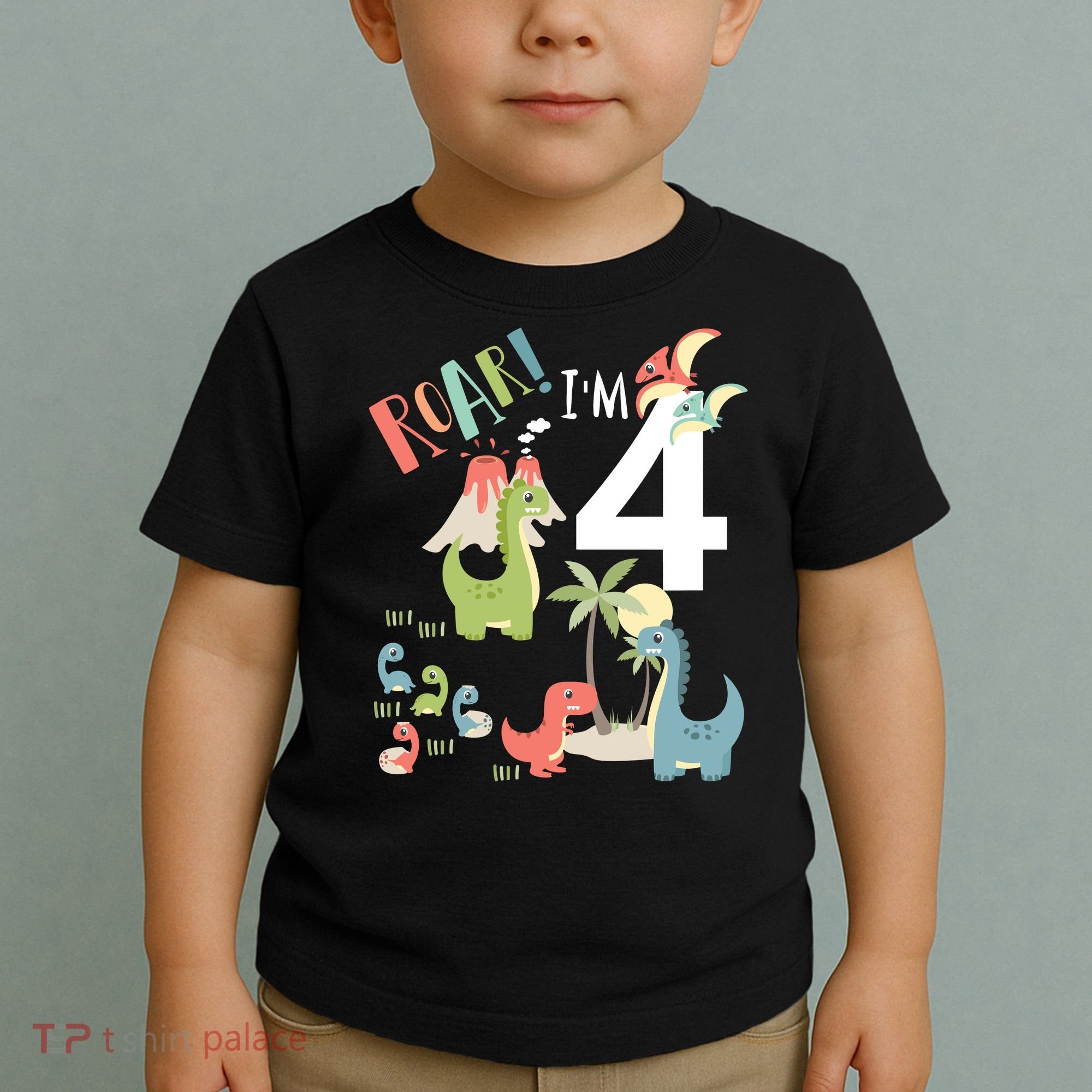 4 Year Old Roar Im 4 4th Birthday Boy T Rex Dinosaur Toddler T-Shirt