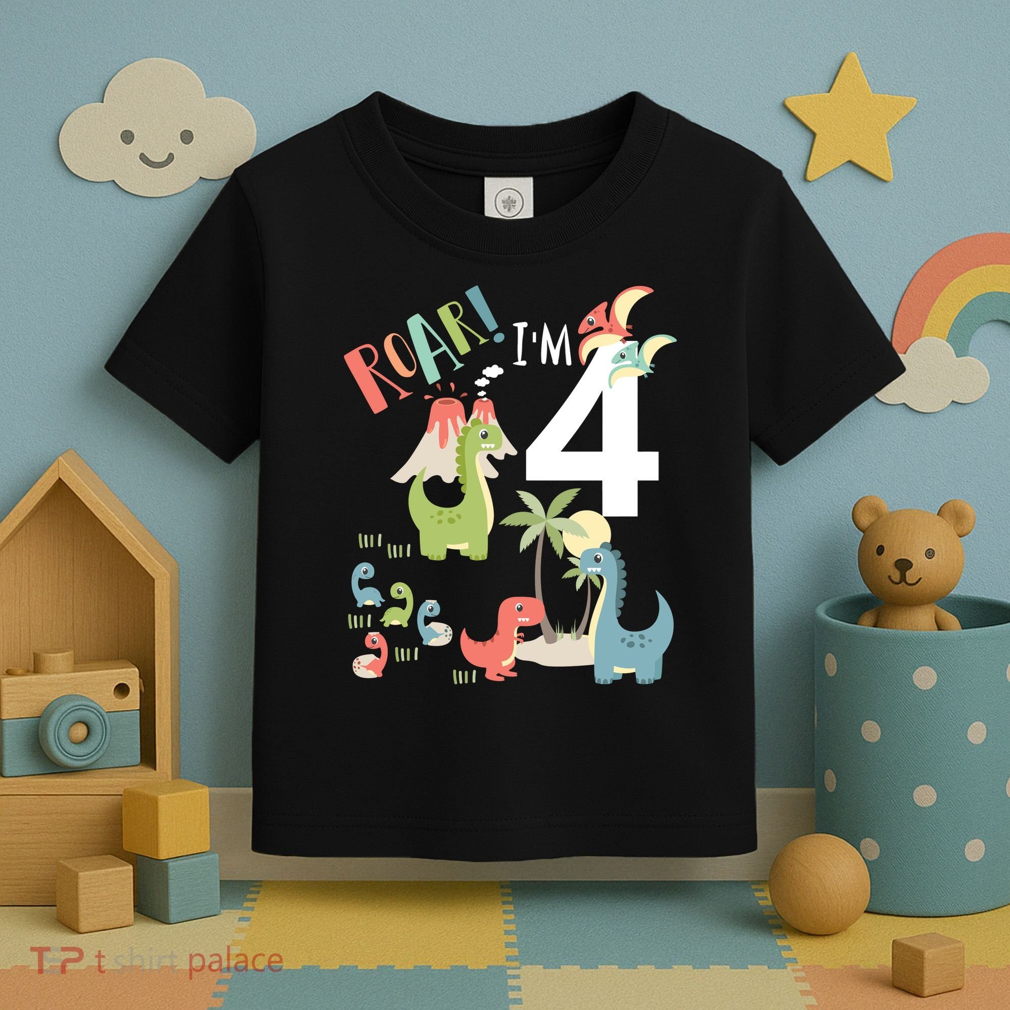 4 Year Old Roar Im 4 4th Birthday Boy T Rex Dinosaur Toddler T-Shirt