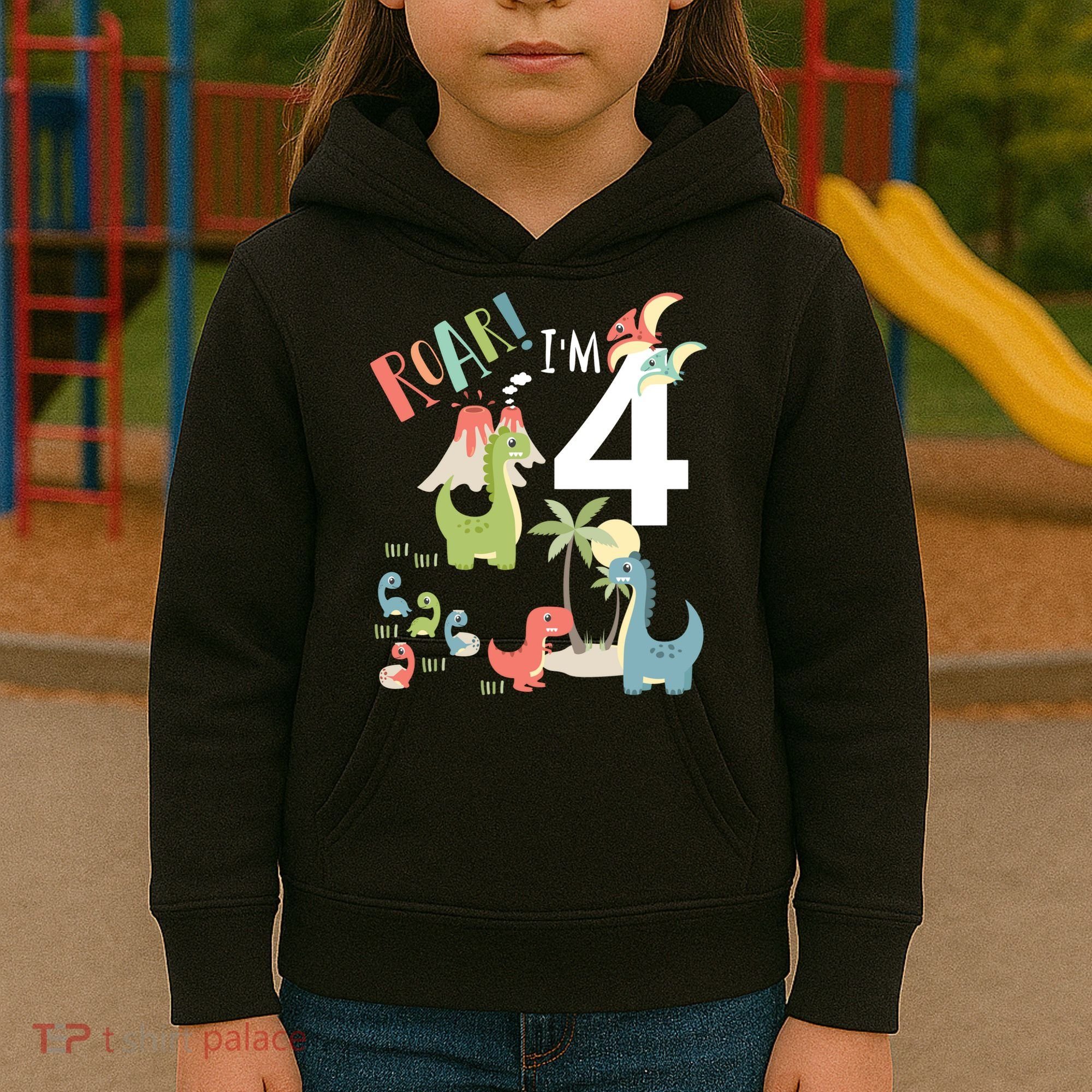 4 Year Old Roar Im 4 4th Birthday Boy T Rex Dinosaur Kids Hoodie