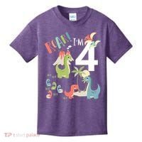 4 Year Old Roar Im 4 4th Birthday Boy T Rex Dinosaur Kids T-Shirt thumb 0