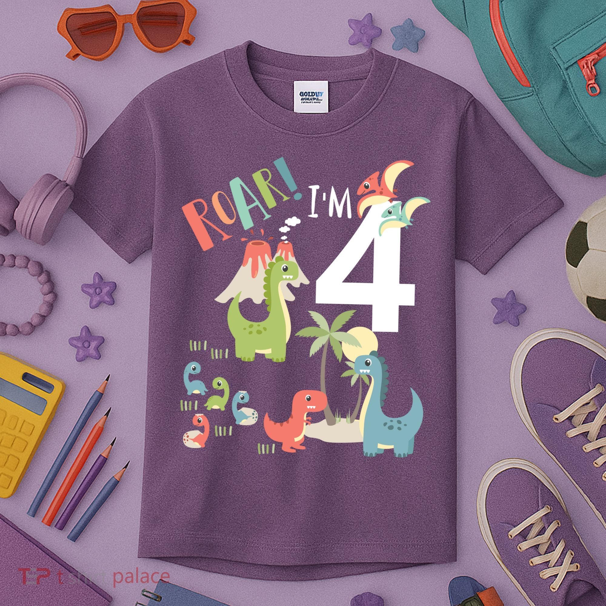 4 Year Old Roar Im 4 4th Birthday Boy T Rex Dinosaur Kids T-Shirt