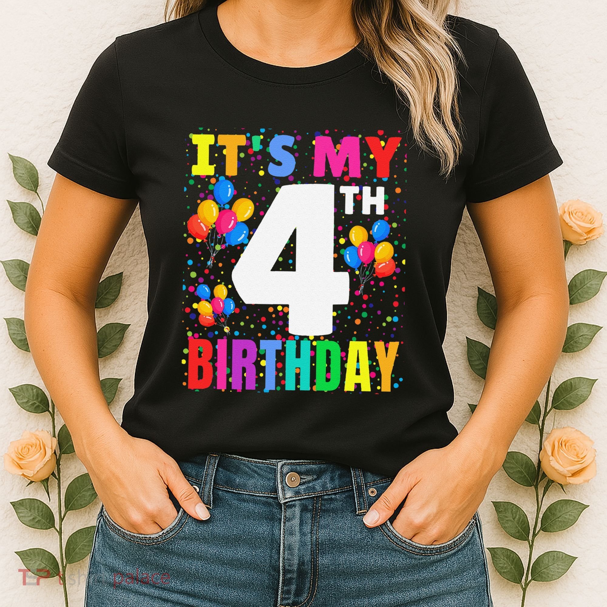 4 Years Old ItS My 4th Birthday Crew Balloons For Boy Women's T-Shirt