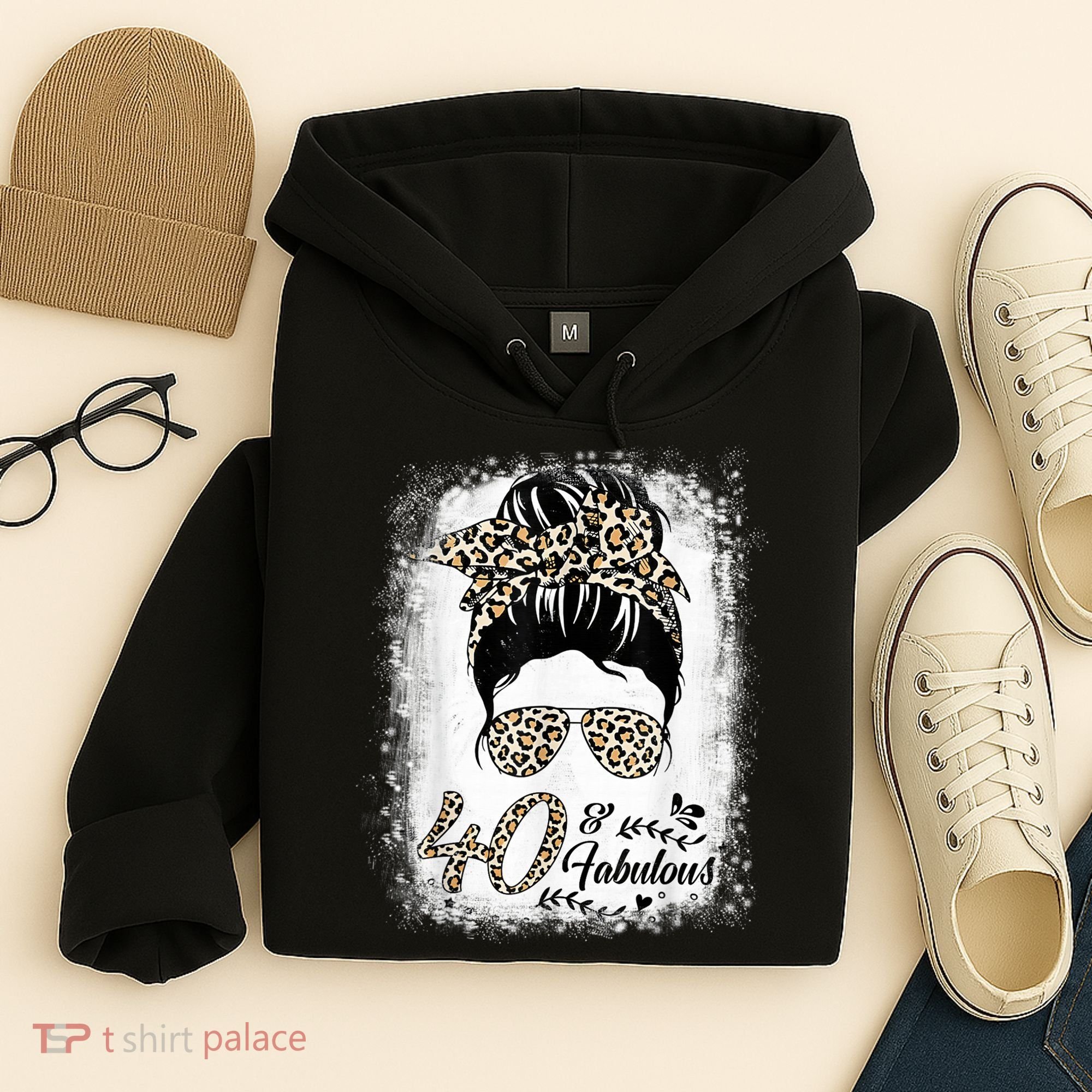 40 Years Old Fabulous Messy Bun Leopard 40th Birthday Hoodie