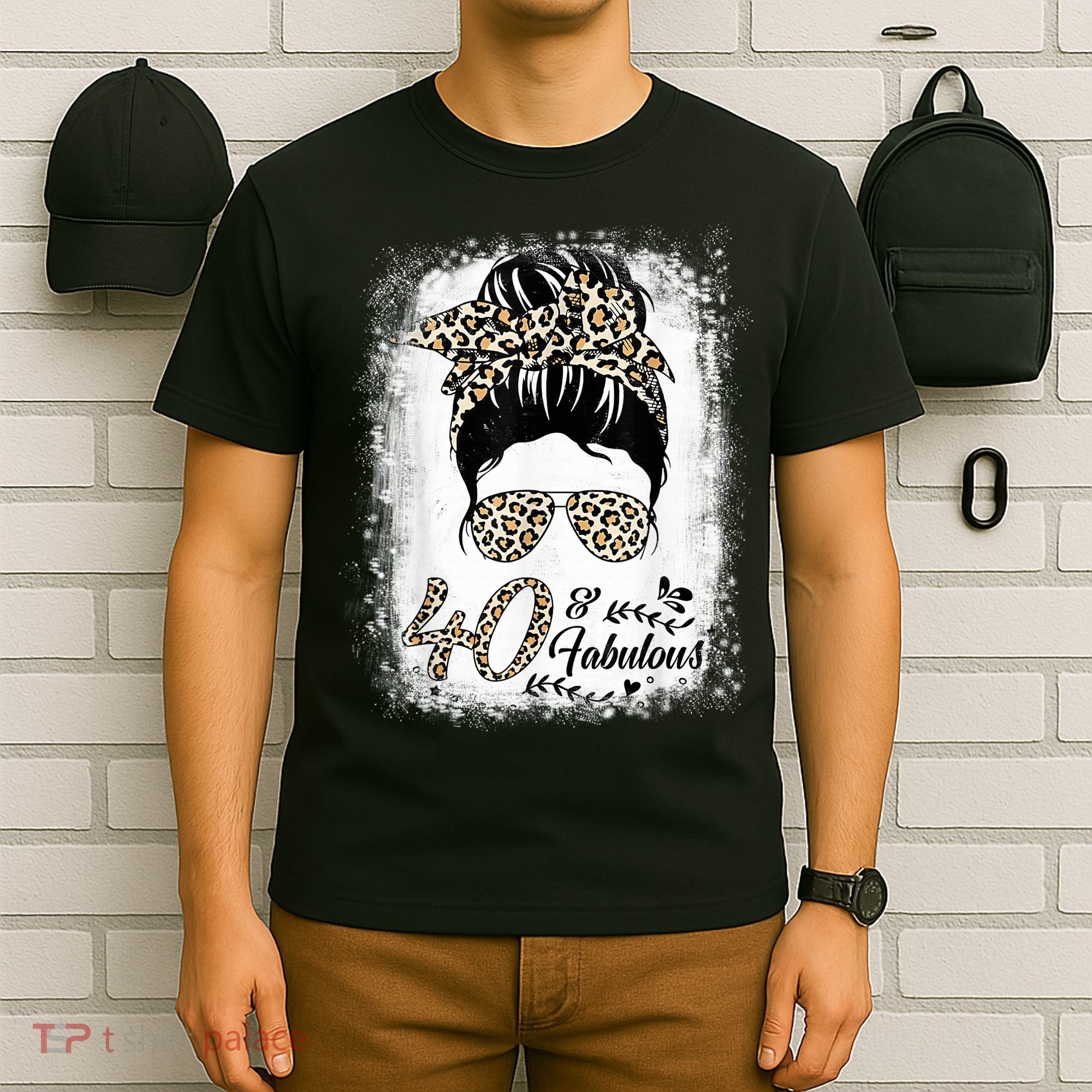 40 Years Old Fabulous Messy Bun Leopard 40th Birthday T-Shirt