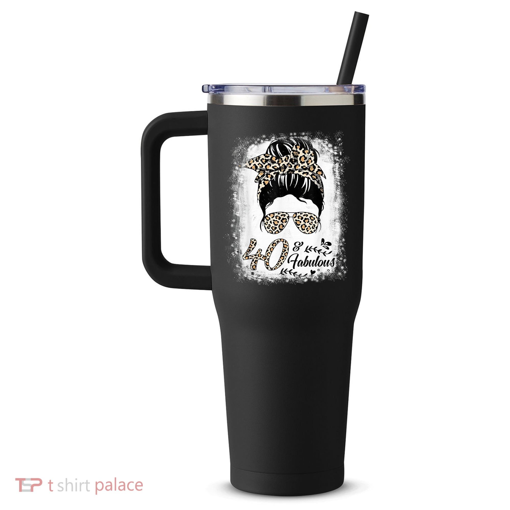 40 Years Old Fabulous Messy Bun Leopard 40th Birthday 40oz Vacuum Insulated Stainless Steel Travel Tumbler