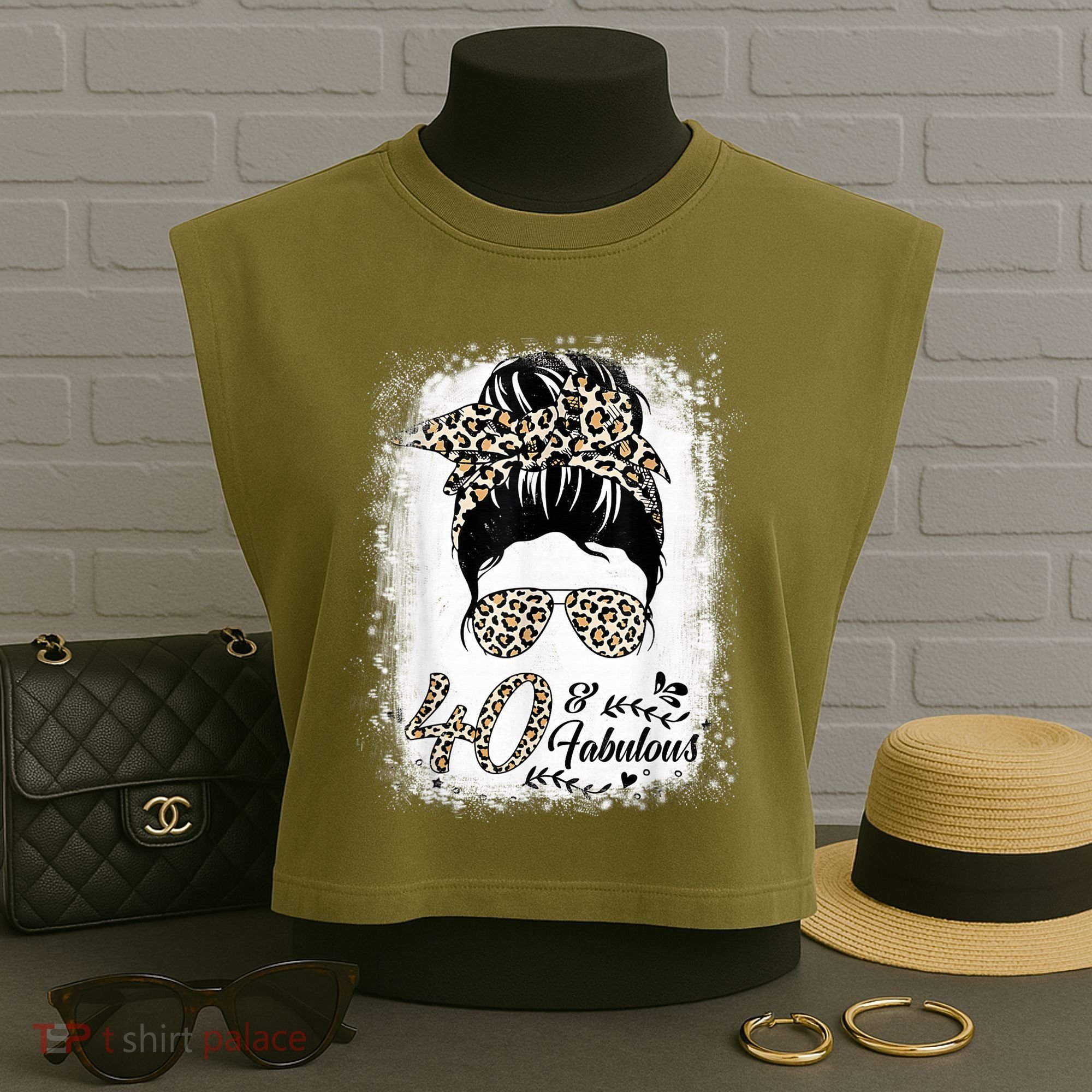 40 Years Old Fabulous Messy Bun Leopard 40th Birthday Garment-Dyed Women's Muscle Tee