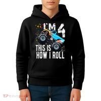 4 Year Old Gift Cool 4th Birthday Boy Gift For Monster Truck Car Lovers Kids Hoodie thumb 4