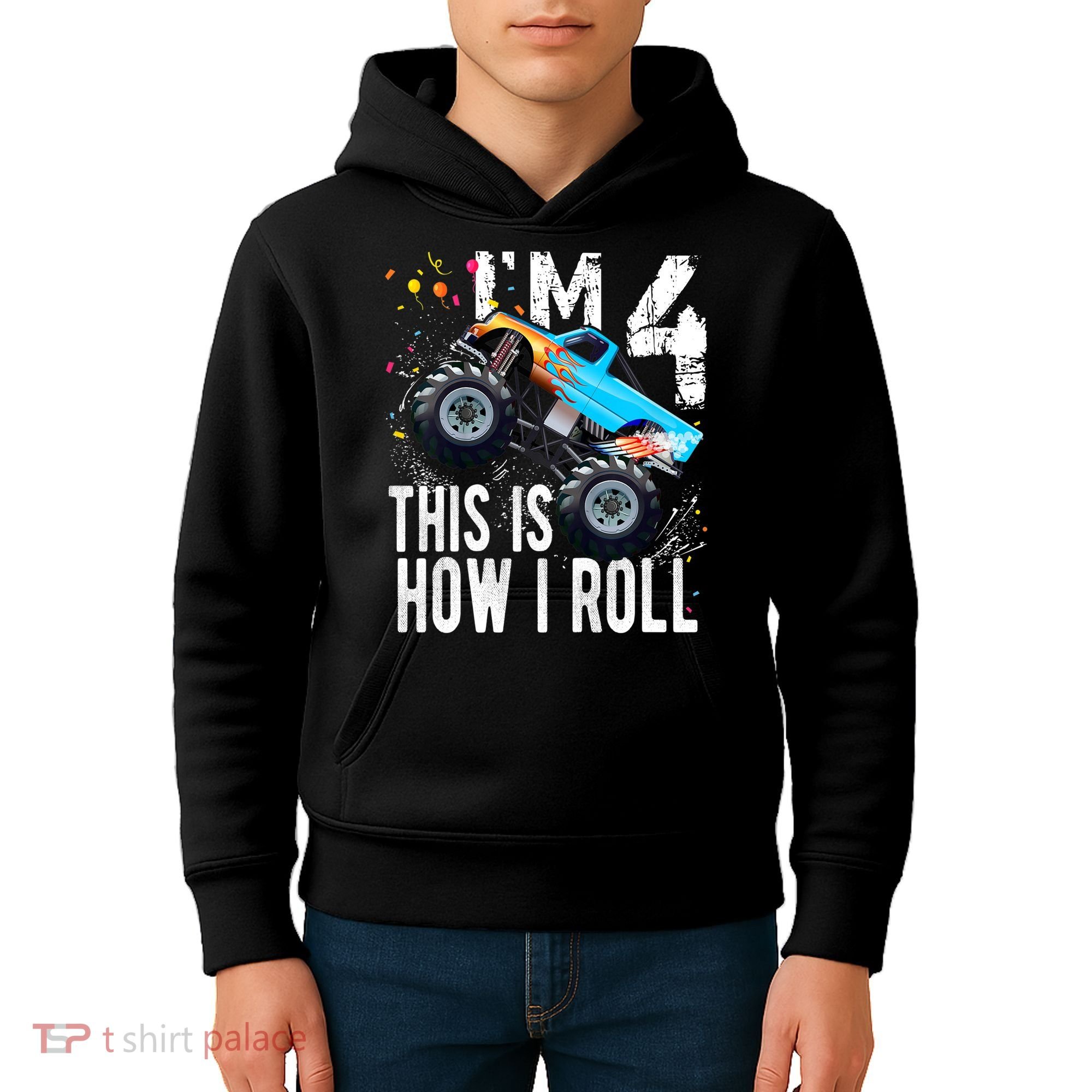 4 Year Old Gift Cool 4th Birthday Boy Gift For Monster Truck Car Lovers Kids Hoodie