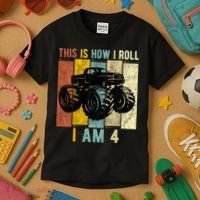 4 Year Old Birthday Boy Monster Truck 4th Birthday Kids T-Shirt thumb 3