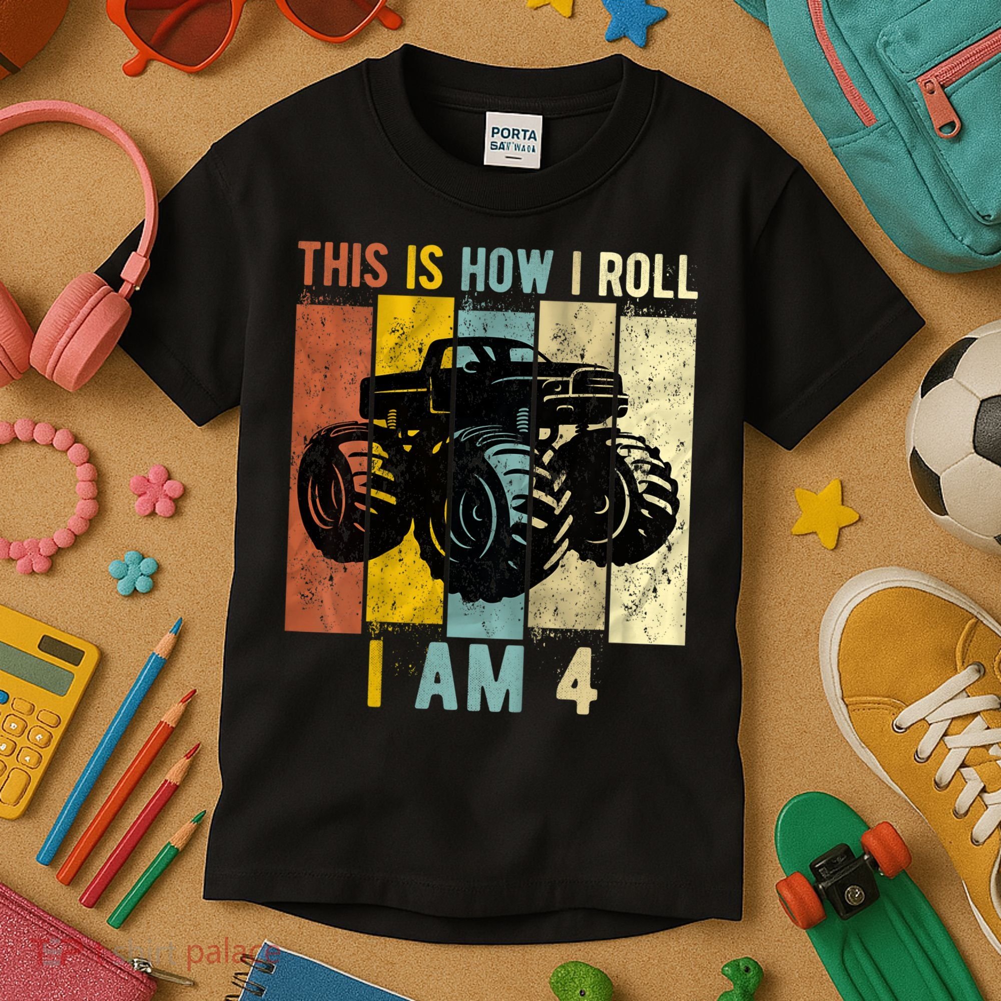4 Year Old Birthday Boy Monster Truck 4th Birthday Kids T-Shirt