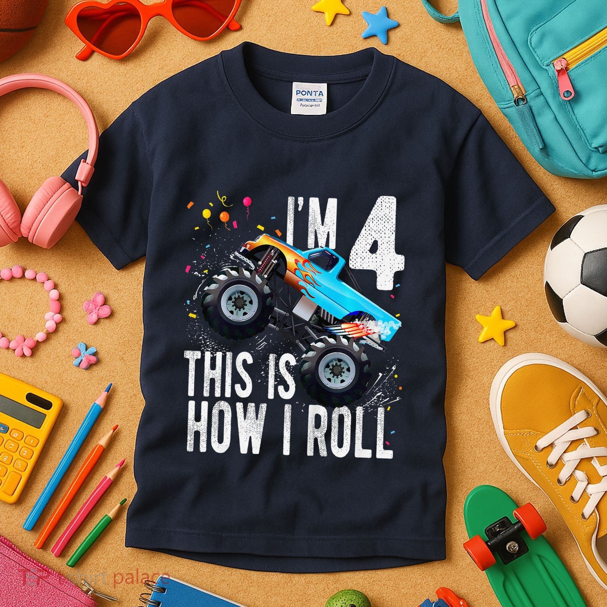 4 Year Old 4th Birthday Boy Monster Truck Car Kids T-Shirt