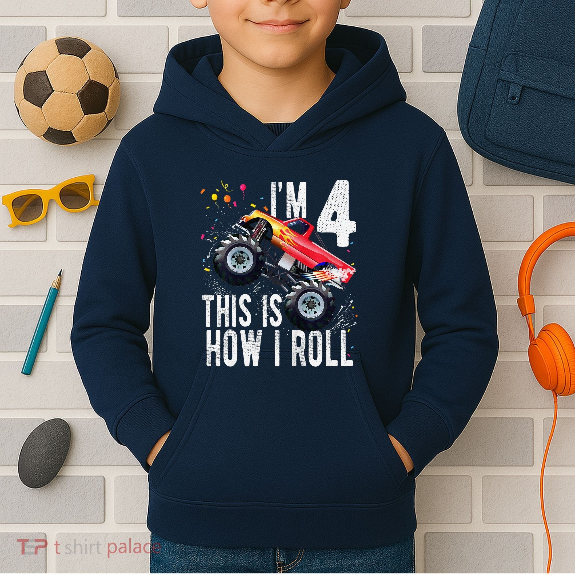 4 Year Old 4th Birthday Boy Monster Truck Car Kids Hoodie