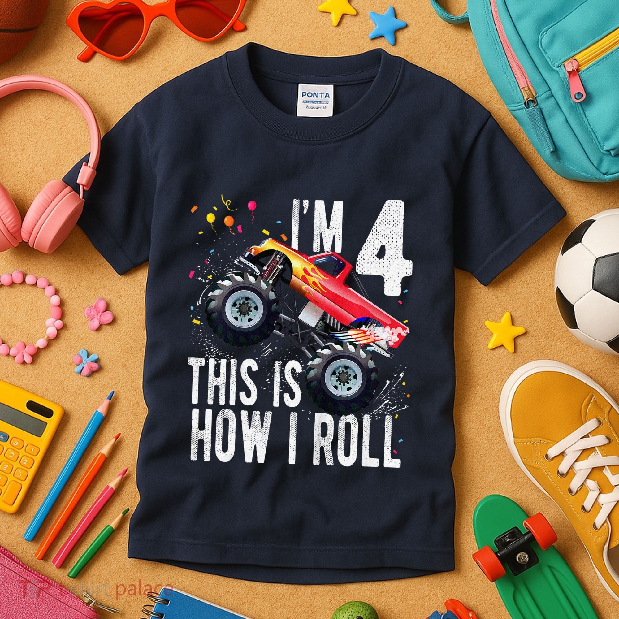 4 Year Old 4th Birthday Boy Monster Truck Car Kids T-Shirt