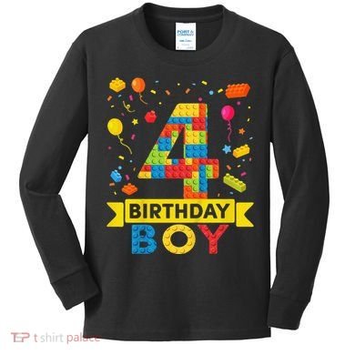 4 Year Old Building Blocks 4th Birthday Kids Long Sleeve Shirt