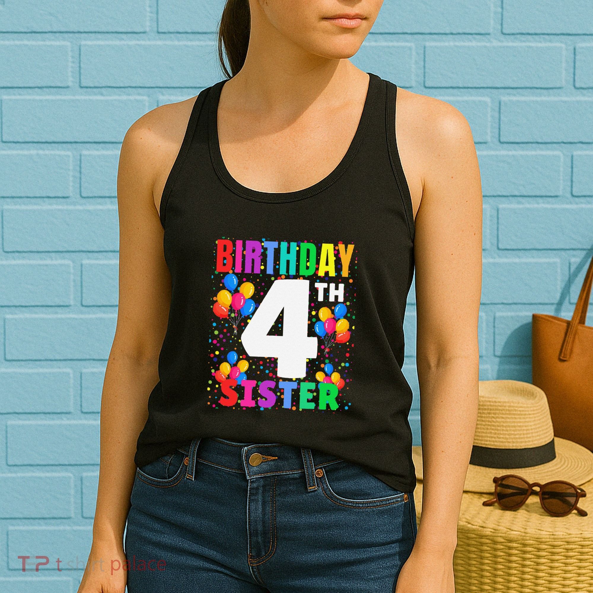 4 Years Old ItS My 4th Birthday Crew Balloons For Sister Women's Tank Top
