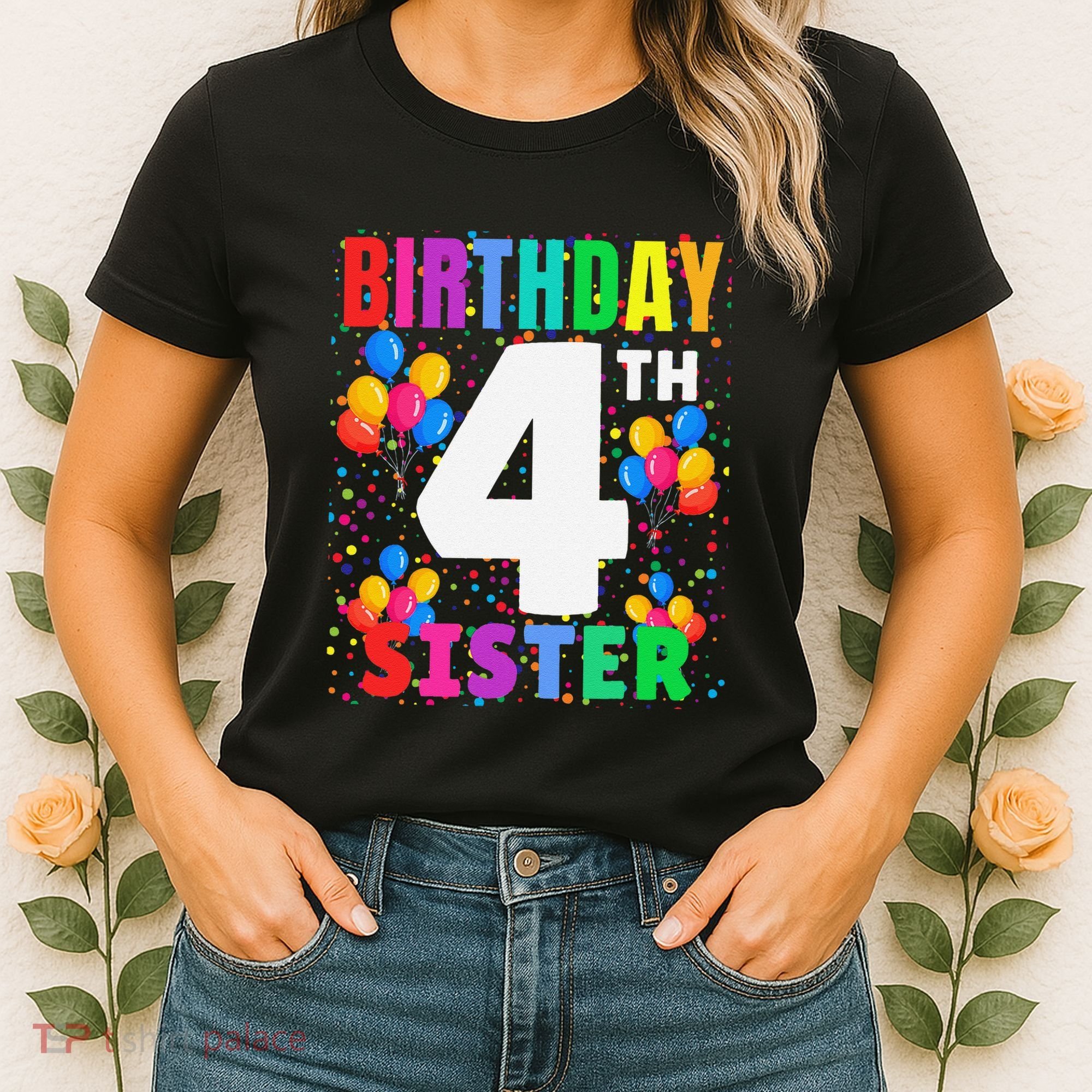 4 Years Old ItS My 4th Birthday Crew Balloons For Sister Women's T-Shirt