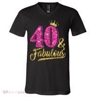 40 Years Old Gift 40 & Fabulous 40th Birthday Pink Crown V-Neck T-Shirt thumb 0