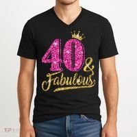 40 Years Old Gift 40 & Fabulous 40th Birthday Pink Crown V-Neck T-Shirt thumb 2