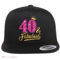 40 Years Old Gift 40 & Fabulous 40th Birthday Pink Crown Flat Bill Trucker Hat thumb 0