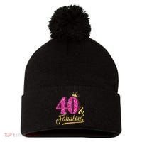40 Years Old Gift 40 & Fabulous 40th Birthday Pink Crown Pom Pom 12in Knit Beanie thumb 0